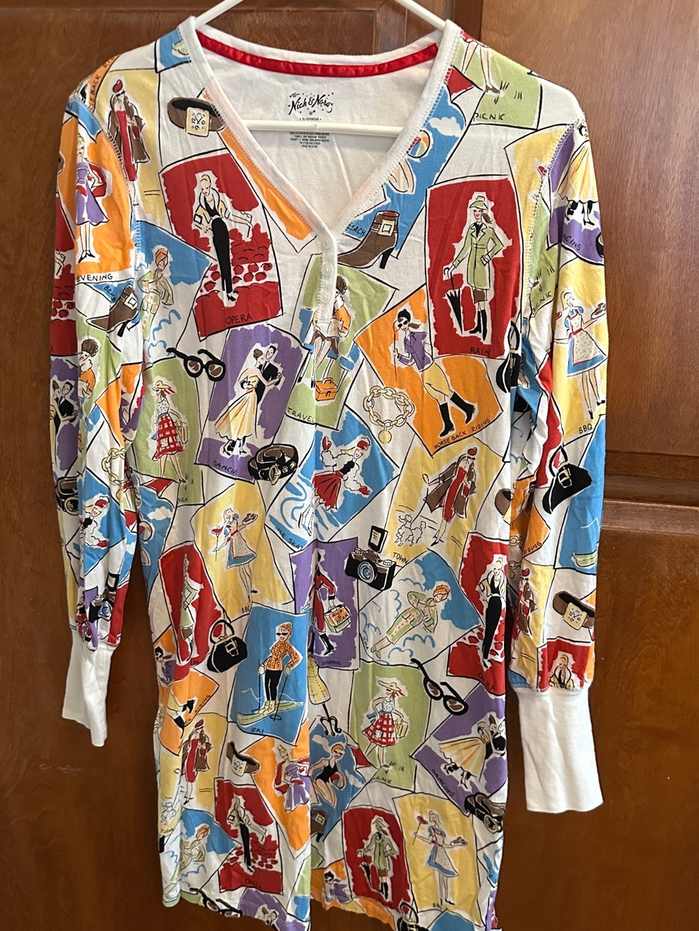 Rare Nick & Nora Travel Postcard Patchwork Cotton Nightshirt Pajama Dress Medium